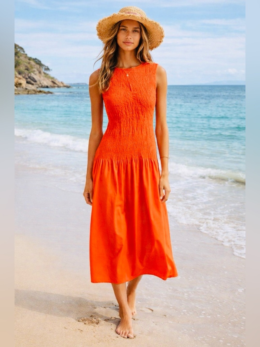 Reiss Annabel Petite Cotton Shirred Midi Dress Size 8 Coastal Chic Old Money #92